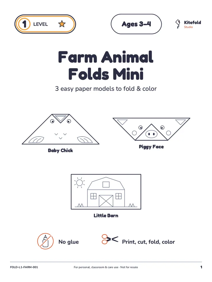 Cover page of the Farm Friends folding set showing a barn, a chick and a piggy face drawn as simple outlines.